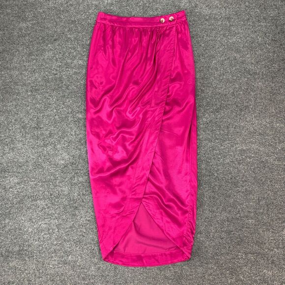 Maeve Tulip Satin Skirt Women 2 Anthropologie Pink Front Split Button Front Wrap - Picture 2 of 16